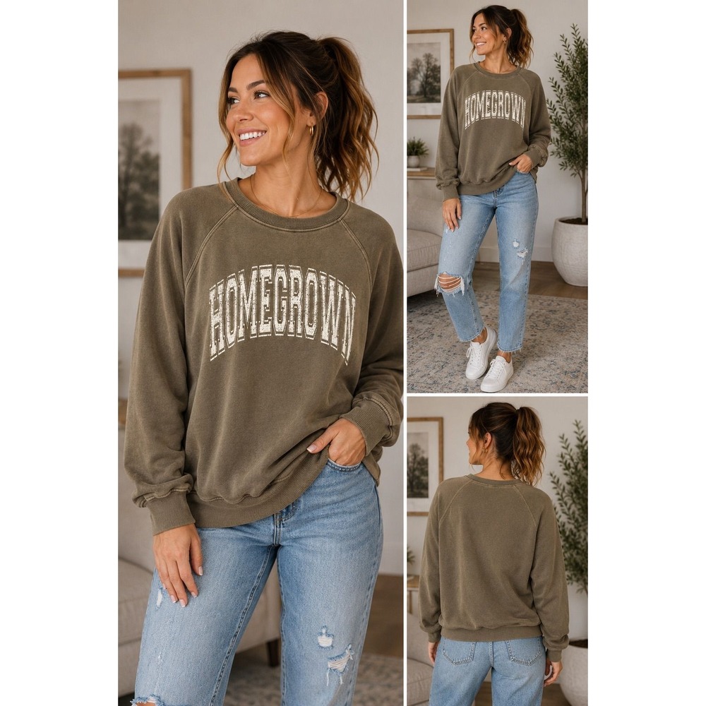 Thread & Supply Homegrown Graphic Sweatshirt Olive Brown Size M